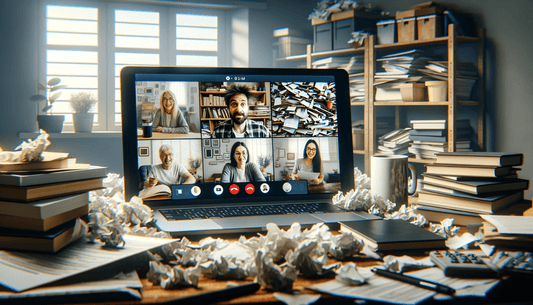 a person doing a business meeting in a very messy home office