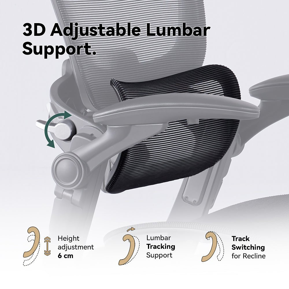 H1 Classic V3 Ergonomic Office Chair is with 3D adjustable lumbar support with height adjustment in 6cm, lumbar tracking support and tracking switching for recline  