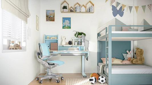 Cozy and well-organized children’s bedroom featuring a height-adjustable study desk, ergonomic chair, and a bunk bed with plush toys and decorative elements in pastel colors.