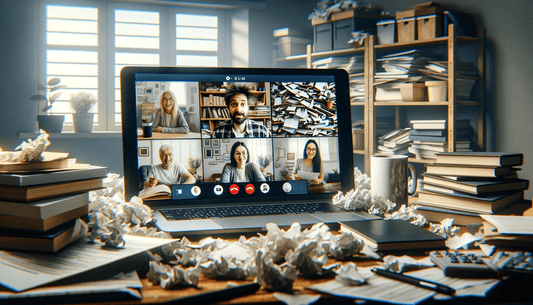 a person doing a business meeting in a very messy home office 