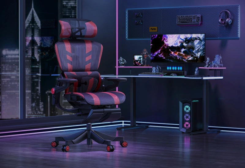 Red and black H1 Pro gaming chair in a neon-lit gaming setup with a desktop, monitor, and custom lighting.