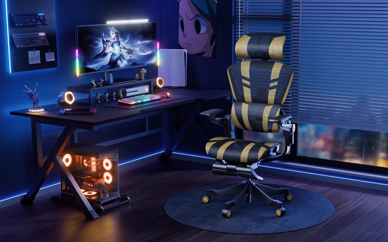 Yellow and black H1 Pro gaming chair in a vibrant gaming room featuring a PC setup with RGB lighting and anime-themed decor.