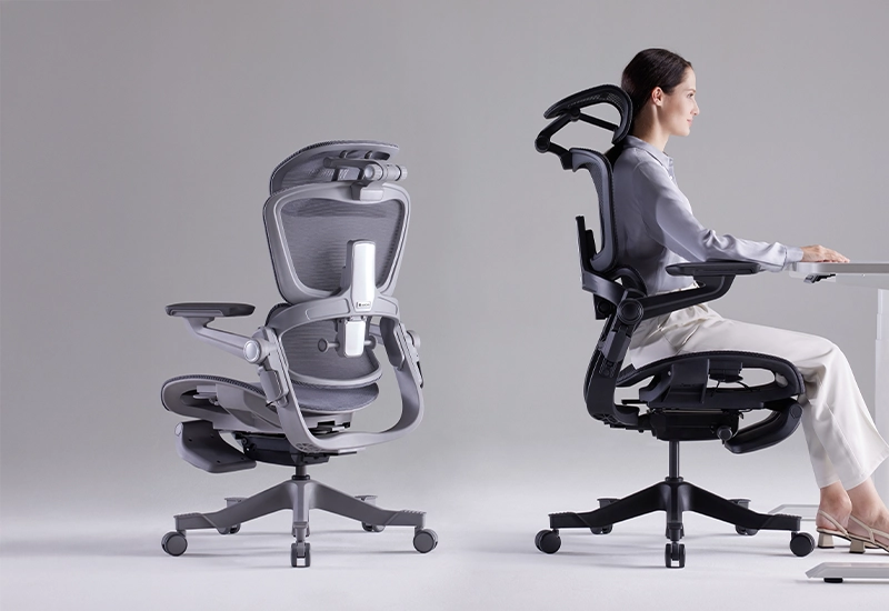 Ergonomic office chair with adjustable lumbar support and headrest, shown from a side view.