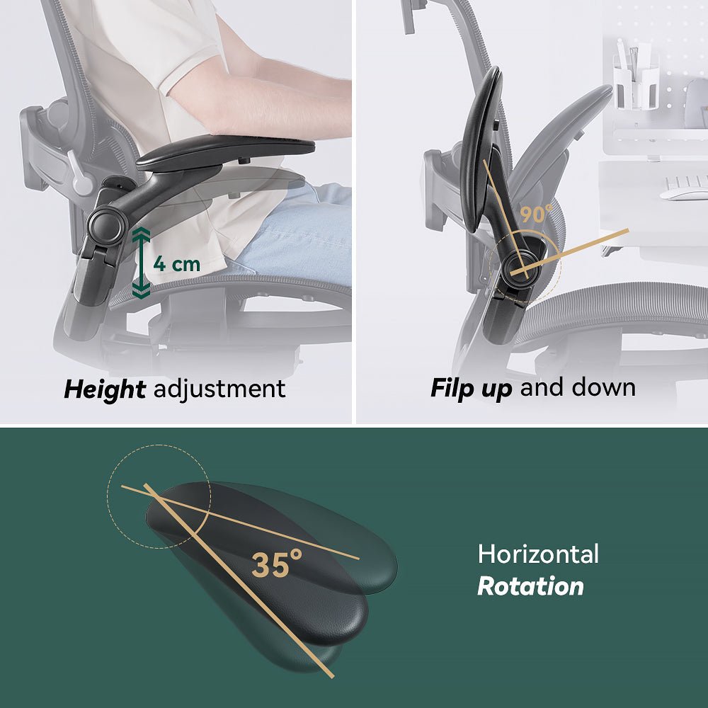 H1 Classic V3 Ergonomic Office Chair height adjustment, flip up and down and 35 degree horizontal rotation 