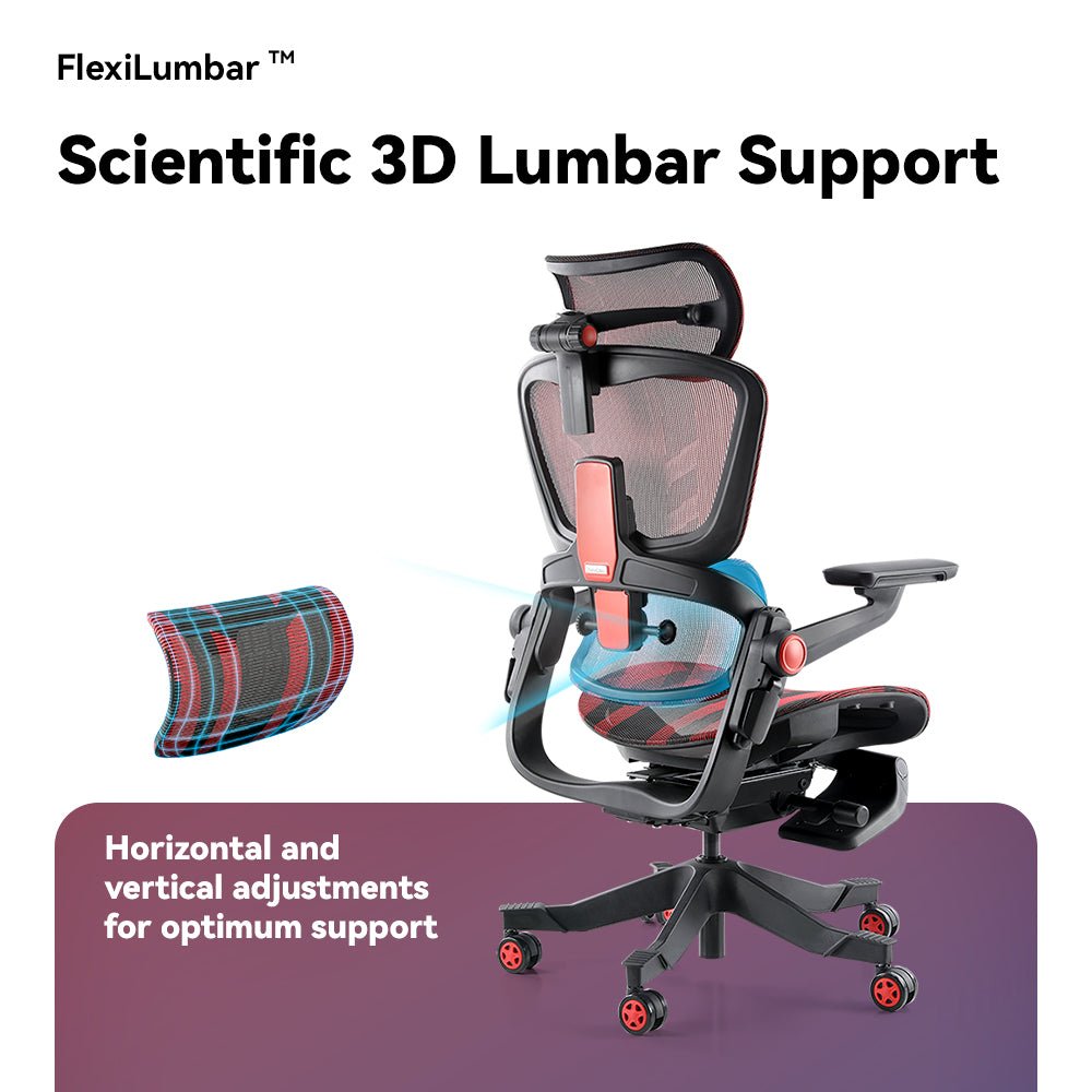 H1 Pro Ergonomic Gaming Chair FlexiLumbar is with scientific 3D lumbar support horizontal and vertical adjustments for optimum support 